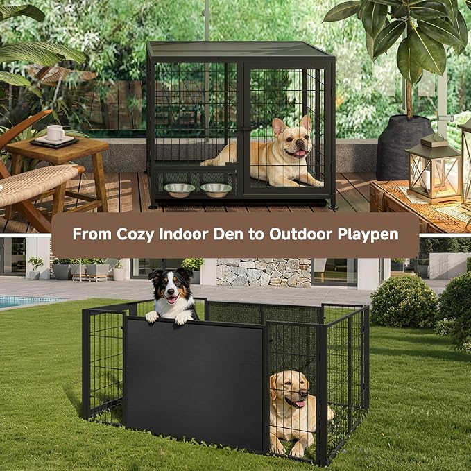 Heavy Duty Dog Crate for Small Dogs, 3 in 1 32.7" Foldable Collapsible Dog Kennel & Playpen with Lockable Wheels & Feeding Bowls, Escape Proof Metal Dog Cage for Indoor Outdoor Use, Black