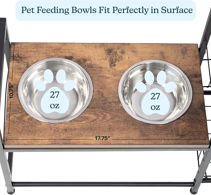 Elevated Dog Bowls with Storage - Elevated Dog Bowl Stand with 3 Adjustable Heights, Toy Bin Basket, and 2 Stainless Steel Bowls - Pet Feeding Station for Small to Large Breeds by PETMAKER (Black)