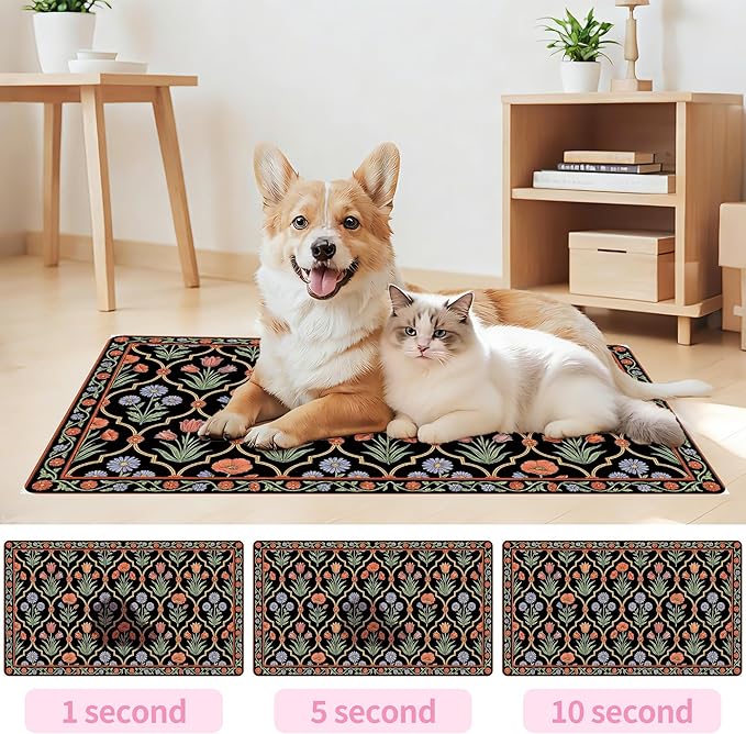 Pet Feeding Mat 30 x 17 Inch, Black Floral Pet Placemat Absorbent Quick-Dry for Food and Water, Waterproof Non Slip Rubber Bowl Pad Mat for Floors