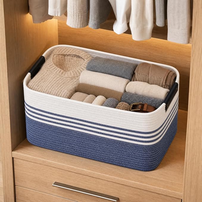 Cotton Rope Laundry Basket Small, 12.8GAL Collapsible Woven Storage Baskets for Living Room Kids Toys Stuffed Animal,Boho Rectangular Decorative Short Hamper for Dirty Clothes, Blankets Denim Blue