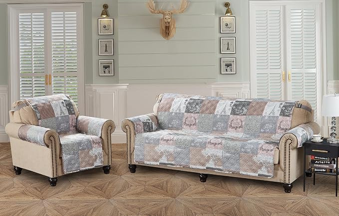 Brilliant Sunshine Latte Grey Paris & Toile Couch Recliner Cover, 28" seat | Quilted Sofa Cover, Living Room & Bedroom Furniture Protector, Large Washable Reclining Chair Slipcover for Pets, Dogs & Cats