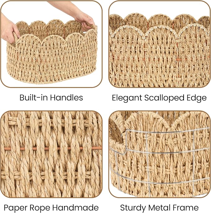 iEGrow Paper Rope Scalloped Basket, Set of 2 Woven Storage Wicker Baskets with Handle for Organizing and Shelves, Cute Boho Oval Baby Baskets for Decor, Towel, Toys, Nursery, Book, Gift Natural