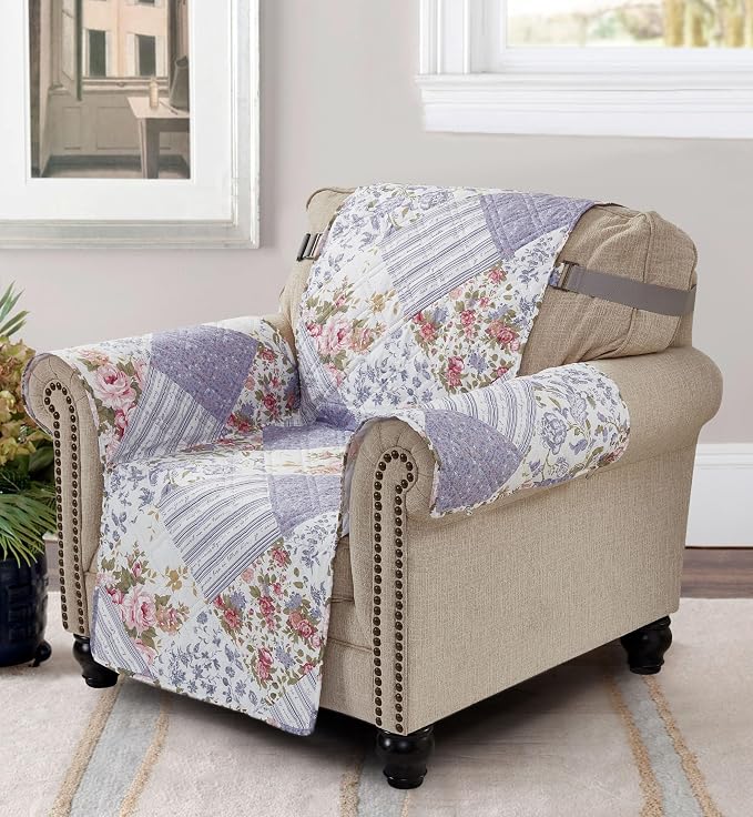 Brilliant Sunshine Rose Violet Floral Couch Armchair Cover, 23" seat | Quilted Sofa Cover, Living Room & Bedroom Furniture Protector, Washable Chair Slipcover for Pets, Dogs & Cats