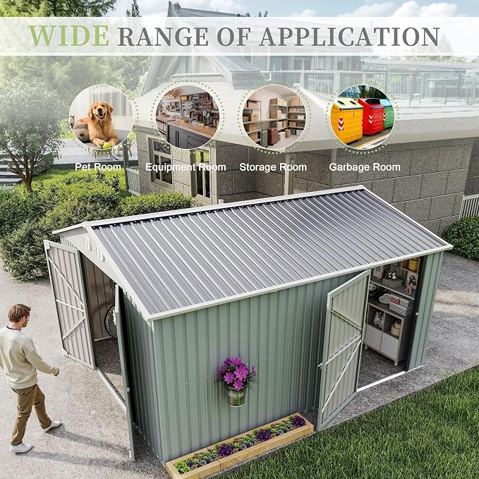 10x12 FT Metal Storage Shed, Large Storage Shed with Lockable Doors and Sloped Roof, Outdoor Tool Shed with Ample Ventilation for Garden, Lawn, Backyard, White