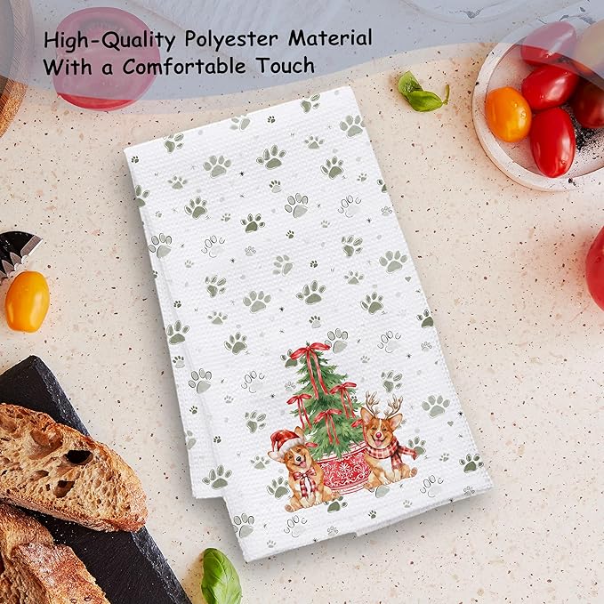 Red Chinoiserie Christmas Corgi Kitchen Towels, Corgi Lover Gifts Dish Tea Towels for Kitchen Decor, Green Xmas Tree Santa Dog Paw Prints Hand Towel for Bathroom Decor, 16x24 Inch