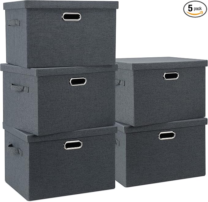 Graciadeco Large 17" 36 Quart Collapsible Stackable Storage Bins with Lids, 5 Packs Dark Gray Foldable Fabric Closet Storage Boxes with Lids Heavy-duty Linen Cube Baskets(17 x 12 x 11) | 36 Quart 5 Pack Dark Gray Collapsible Stackable Linen Fabric 4 Ha...