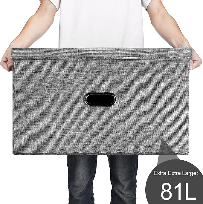 Large Linen Fabric Foldable Storage Bins with Removable Lid and Handles, Washable Storage Box Organizer Containers Baskets Cube with Cover for Bedroom,Office(Coffee, XXL(2-Pack))