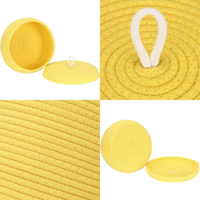 Sea Team Round Woven Cotton Rope Storage Basket with Lid, Yellow | Lidded Knitted Decorative Storage Bin, Pot, Caddy, Organizer, Container for Snacks, Towels, Plants, 10 x 4.5 Inches
