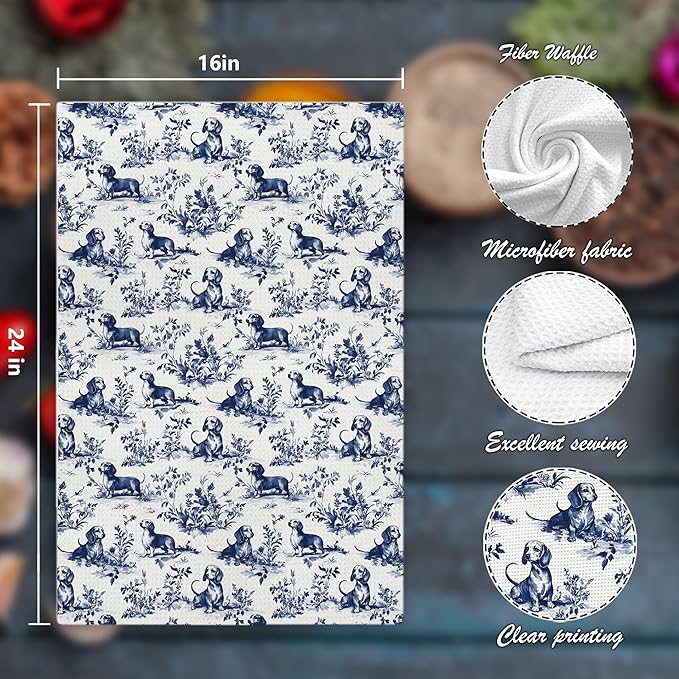 Chinoiserie Dachshund Floral Kitchen Towels, Blue and White Floral Botanical Dachshund Decorative Dish Tea Towels, Grandmillennial Weiner Dog Hand Towels for Kitchen Bathroom, 16x24 Inch