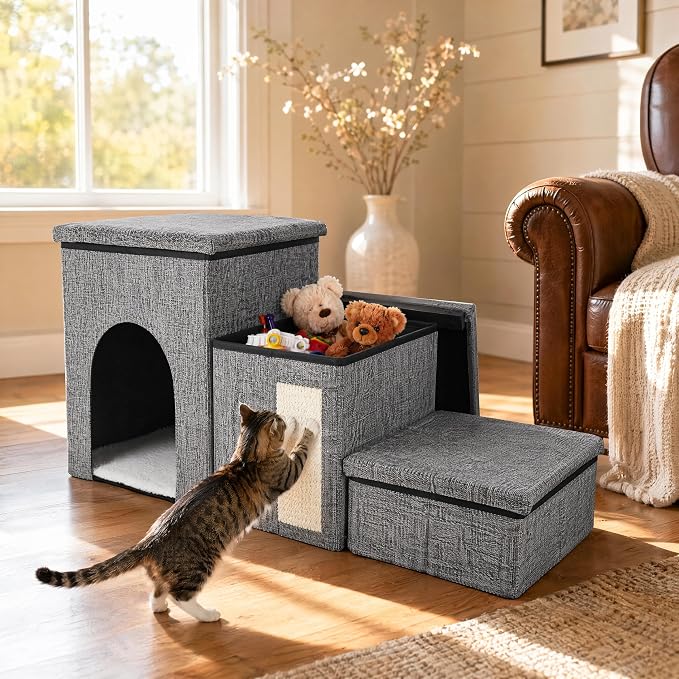 Dog Stairs for Small Dogs, 3 Tiers Dog Step with Storage, Foldable Older Cat Ramp with Condo Cat Scratcher, Portable Pet Ladder for High Bed Couch Chair Car, Up to 165 Lbs, 17 Inch