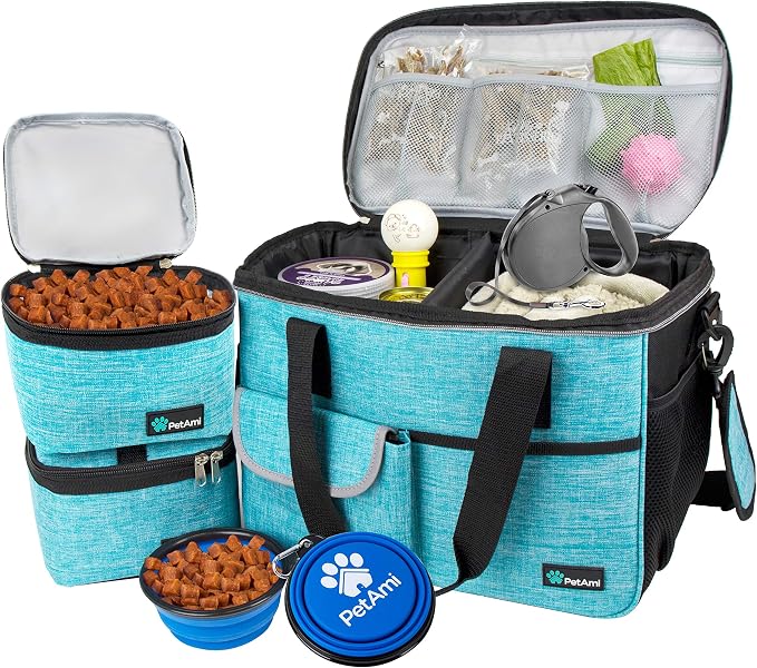 PetAmi Dog Travel Bag Organizer, Pet Supplies Diaper Tote, Teal Blue Medium | Pet Travel Kit with 2 Food Containers & 2 Collapsible Dog Bowls, Luggage Sleeve, Weekend Getaway Road Trip Camping Essentials