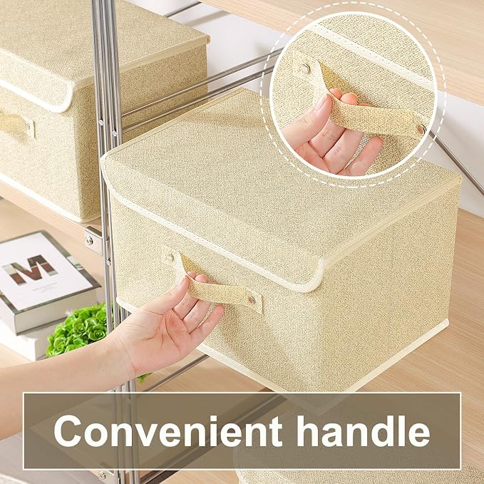 Storage Bins with Handles,Grey and Beige,13x9.1x7.9in,5 Pack | Storage Baskets with PP Board Support,Washable Wardrobe Organisers with Lids,Stackable Organization Bins for Socks,Ties,Scarf