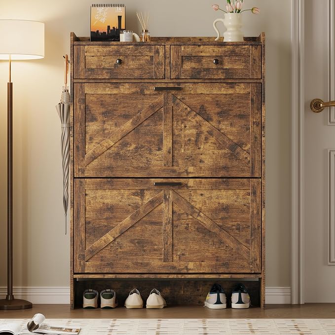 BORNOON Shoe Storage Cabinet for Entryway, Farmhouse Narrow Shoe Cabinet with 2 Flip Drawers & Top Drawers, Adjustable Shelves & Hooks, Freestanding Hidden Rack Organizer for Hallway, Foyer