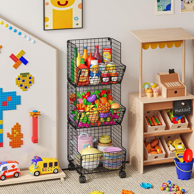 Sonyabecca 3 Tier Rolling Toy Organizer Cart with Wheels for Toy Storage | Outdoor toy storage basket and play kitchen organizer. Multi-purpose cart for snacks, books, pet supplies and home storage