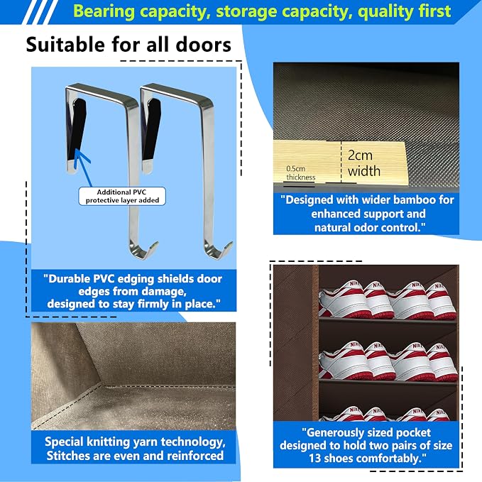 10 Tiers Shoe Organizer for Closet, 20 to 30 Pairs Shoe Rack Door | Extra Deep Pockets Over the Door Shoe Organizer for Dorm and Back Door, Heavy Duty Anti-Scrath Hanging Hooks Shoe Storage