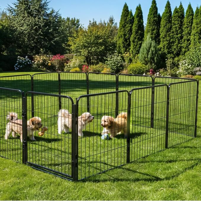 Outdoor Dog Playpen - 24 inch, 8 Panels for Small and Puppy Size Dogs - Heavy Duty Metal Pet Fence with Black Anti-Rust Coating - Portable Exercise Play Pen for RV, Camping, and Yard