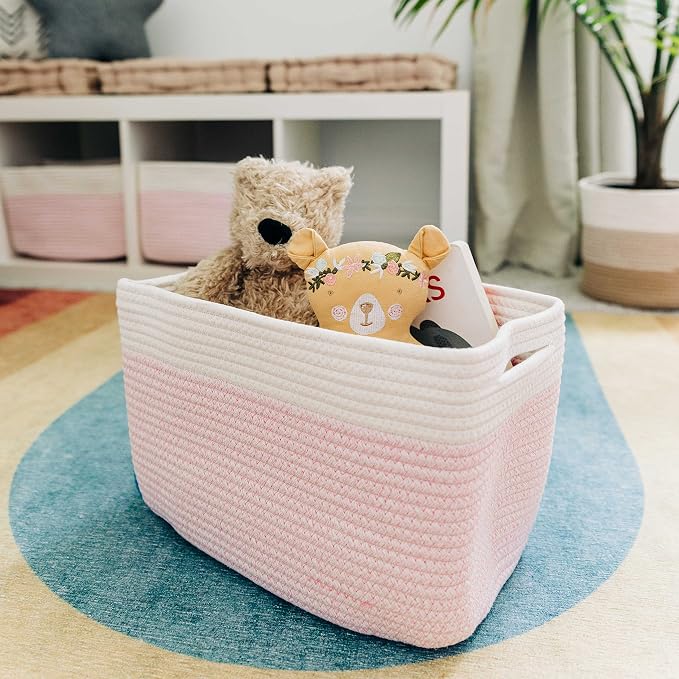 OrganiHaus Cotton Rope Baskets for Shelves, Set of 3, 15x9x10 | Handwoven; a toy bin and organizer for towels, books, or blankets; fits nursery, playroom, or bedroom decor