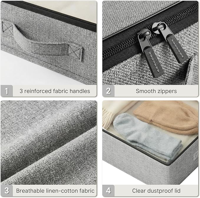 2-Pack Under Bed Storage Containers, 4.5 Inches Tall Clothes Storage, Grey | Low Profile Collapsible Underbed Organizer Bin with Sturdy Sidewalls/Bottom, Cotton-linen, For Seasonal Clothes & Bedding