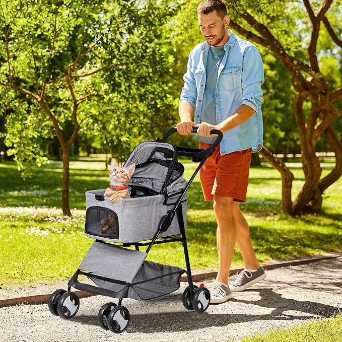 4 Wheels Foldable Pet Dog Cat Jogger Stroller Travel Carrier Strolling Cart w/Waterproof Cover Storage Basket Cup Holder & Detachable Carrier for Medium Small Cat Dog, Grey
