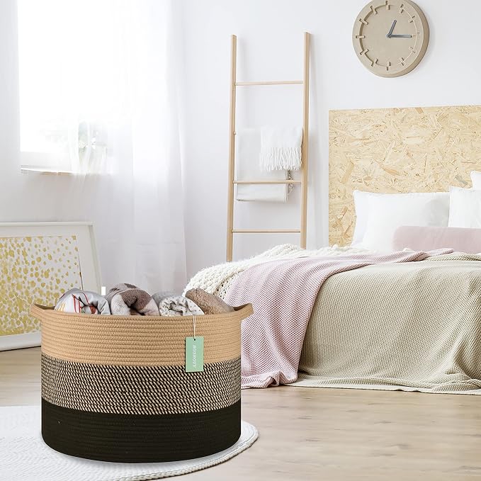 Large Cotton Rope Blanket Basket, 87L Laundry Hamper, Brown & Black