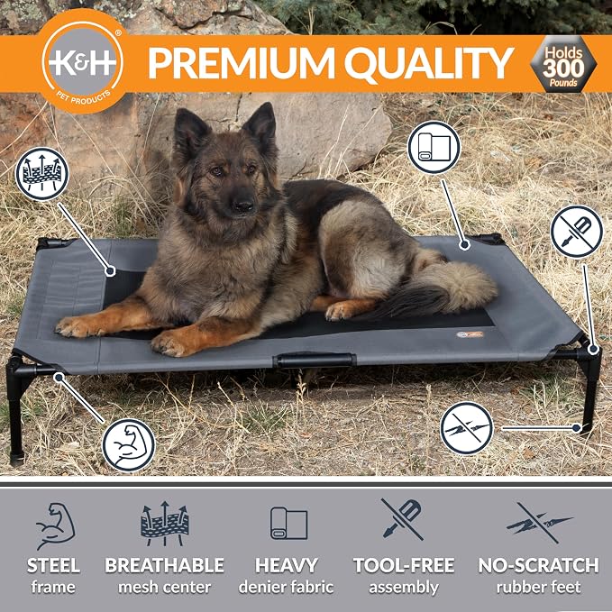 K&H Outdoor Elevated Dog Bed, Cooling Raised Dog Bed, Charcoal, XL 50x32in | Pet Cot for Large & Extra Large Pets, Breathable Mesh Center Hammock Design, Indoor/Outdoor Washable Cover, 50x32in