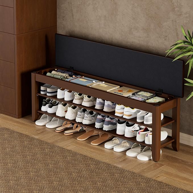 Homleke 47.2" Wide Solid Wood Shoe Rack Bench with Flip-Top Storage | 2-Tier Entryway Bench with Cushion, Adjustable Shelf, Holds Up to 12 Pairs, for Hallway, Bedroom and Closet, Walnut