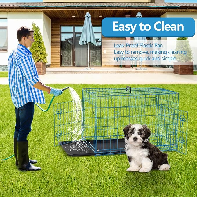 24 Inch Small Dog Crate, Heavy Duty Dog Crates for Small Dogs, Metal Wire Folding Dog Cage with Removable Trays, Locks, Double-Door, Divider Panel, Handle, Puppy Crate Pet Crate (24 in, Blue)