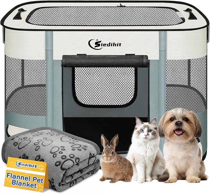 Siedihit 28" Dog Playpen,Cat Puppy Pen, Pet Portable Crate Indoor Outdoor | Durable Travel Camping Use,Foldable Dog Kennel Tent Cage for Rabbit Small Animals with Carrying Case(Grey with Blanket, Small