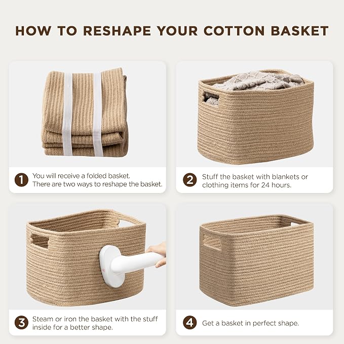 4 Pack Storage Baskets for Organizing, Shelf Baskets with Handles, White&Light Brown