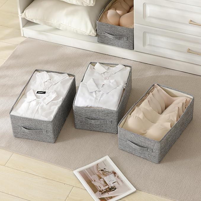 Linen Folding Storage Bins, 3 Pack Large Storage Baskets, Washable, Clothing Storage Bins with Handle, Closet Organizer for Storage Sweater,Sheets(dark grey, 16" x9½x6¾)