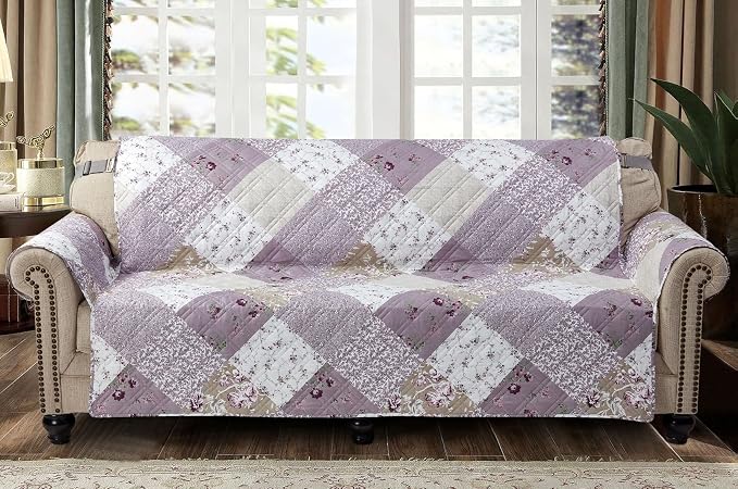 Brilliant Sunshine Lilac & Beige Roses Patchwork Couch Cover, 78" seat | Quilted Sofa Cover, Living Room & Bedroom Furniture Protector, Extra Large Washable Slipcover for Pets, Dogs & Cats
