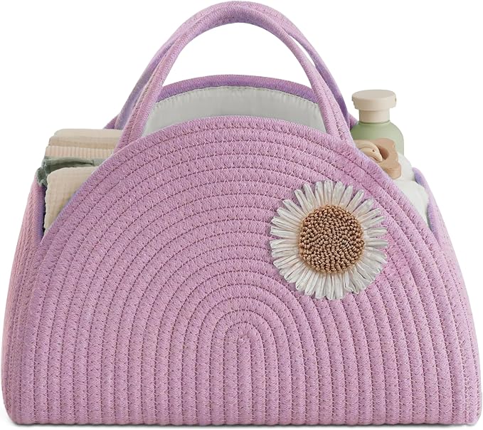 Baby Diaper Caddy Cotton Rope Diaper Organizer Basket Rainbow Theme Nursery Storage Bin Daypack Car Travel (Pink Daisy)
