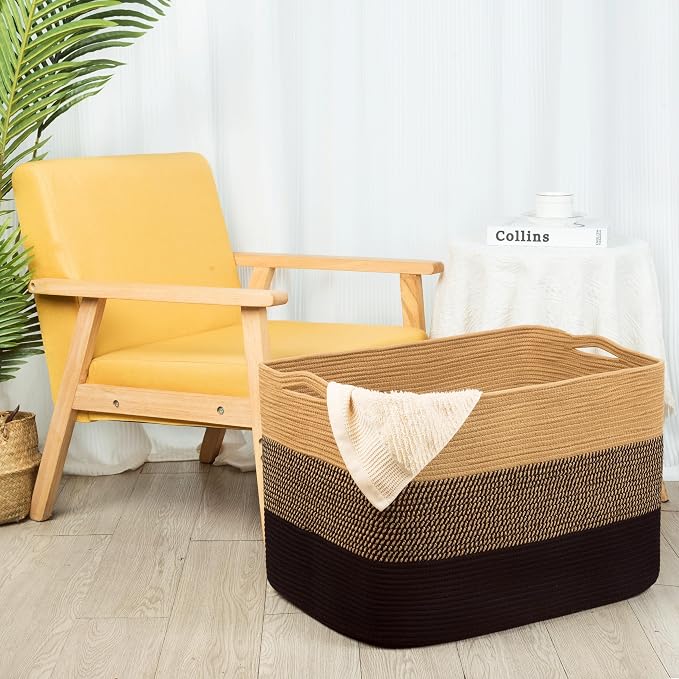 112L Extra Large Blanket Basket Holder Living Room, 25"x17"x16" Rectangle Rope Woven Storage Basket with Handles for Laundry, Pool Towels, Shoes, Dog Toy Organizer Bin Box, Black Jute