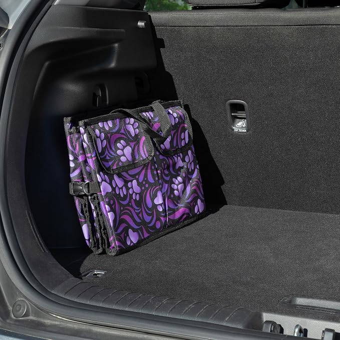 GreaterGood Collapsible Paw Print Car Trunk Organizer with 6 Pockets Truck SUV and Sedan Caddy With Compartment Vehicle Storage Container (Paw Symphony)