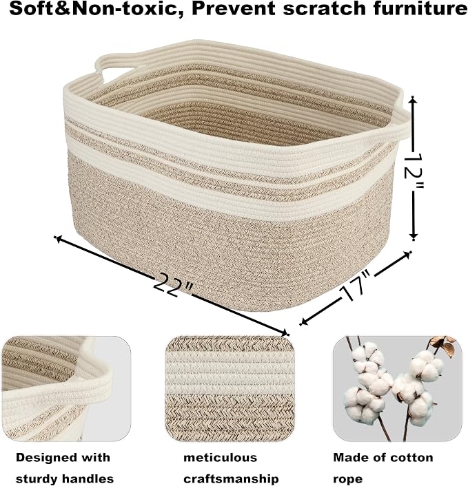 XUANGUO Large Woven Cotton Rope Blanket Basket 22"x17"x12" White Brown | Storage basket for nursery and living room; toy basket for kids or laundry basket for clothes and towels.