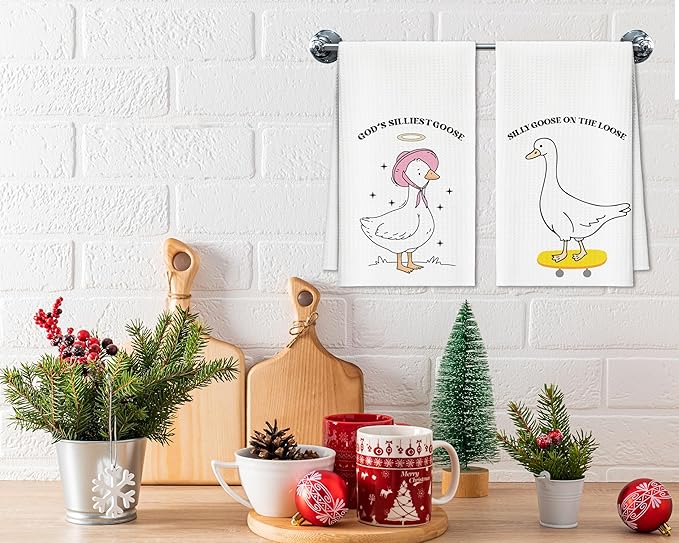 Kitchen Towels Set of 2, Silly Goose Dish Towel for Bathroom Kitchen, Cute Animals Decorative Hand Towels, Fast Drying Tea Towel, Housewarming for Goose Lovers Women Mom -03