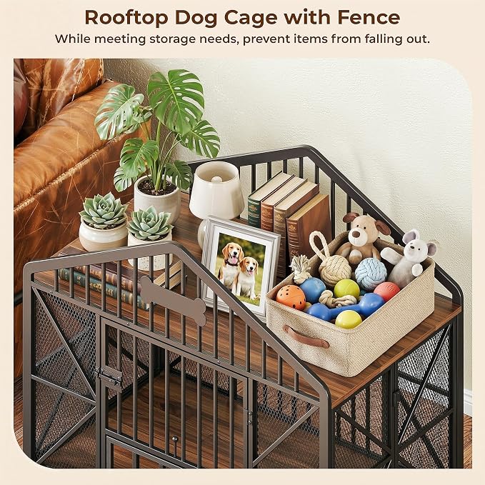 IRONCK 41.5" Foldable Dog Crate Furniture with 5 Wheels & Rotating Bowls | No assembly. 5-wheel base. 2 rotating bowls. For medium Dogs. 41.5"L x 24.8"W x 35.1"H. Rustic Brown finish.