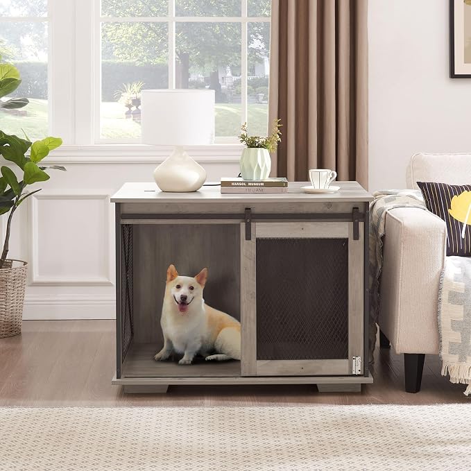 28" H Farmhouse Style Wooden Dog Crate with Sliding Barn Door - Functional End Table Dog Kennel for Small, Medium and Large Dogs, Featuring Flip-top Plate and Detachable Divider (Gray wash)