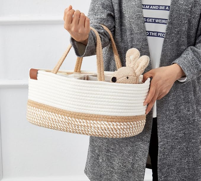DECOMOMO XL Baby Caddy Organizer, Extra Large Diaper Caddy Basket | Baby Baskets for Baby Shower Gifts (Spiral Beige & White)