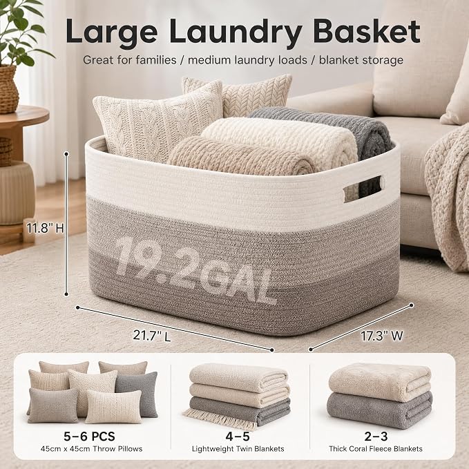 Cotton Rope Laundry Basket Large, 19.2GAL Collapsible Woven Storage Baskets for Living Room Kids Toys Stuffed Animal,Boho Rectangular Decorative Short Hamper for Dirty Clothes Blankets Gradient Brown