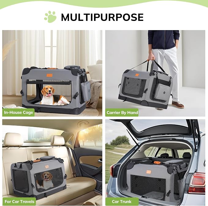Morpilot 28-inch Portable Collapsible Dog Crate for Dogs up to 40lbs | Travel Dog Crate Soft-Sided for Small Medium Dogs, with Foldable Bowl, Shoulder Strap & Storage Pockets, Grey