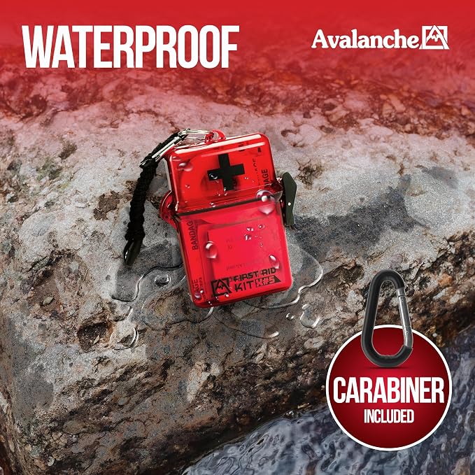Avalanche Mini First Aid Kit, 30 Pcs Emergency Supplies Kit in Waterproof Case for Home, Car, Travel, Sports or Camping, First Aid Kit in Hard Case & Carabiner, Red