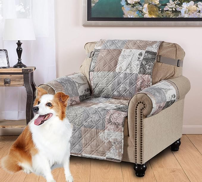 Brilliant Sunshine Latte Grey Paris & Toile Couch Armchair Cover, 23" seat | Quilted Sofa Cover, Living Room & Bedroom Furniture Protector, Washable Chair Slipcover for Pets, Dogs & Cats