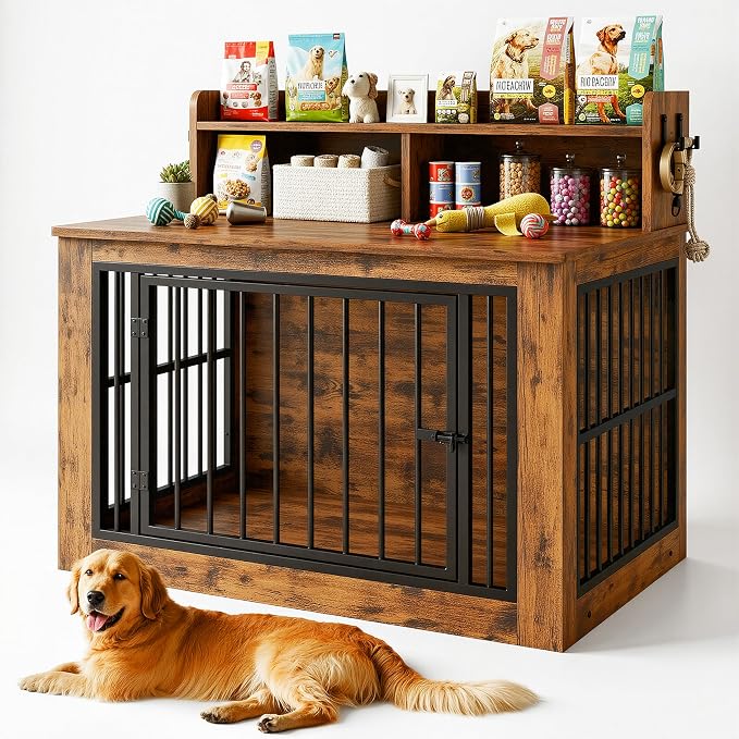IRONCK 43.3" Extra Large Dog Crate Furniture with Storage Shelf | 10mm iron rods. Storage shelf and 4 hooks. 200 lb tabletop. 30"L x 43.3"W x 41.1"H indoor large crate