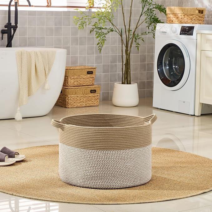 KAKAMAY Large Blanket Basket with Handles, Storage Basket for Living Room | Extra Large Capacity | Natural Cotton Rope | Blanket Storage | Woven Storage Basket | Stuffed Animal Storage | Laundry Basket