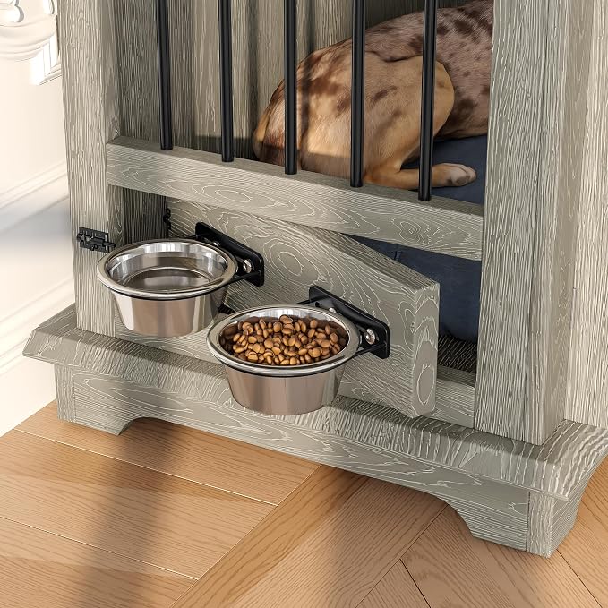 44.48" Dog Crate Furniture, Wooden Furniture Style Dog Crates with Drawers & Rotating Bowls, Indoor Dog Kennel End Table with Double Doors & Secure Locks for Medium to Large Dogs, Gray