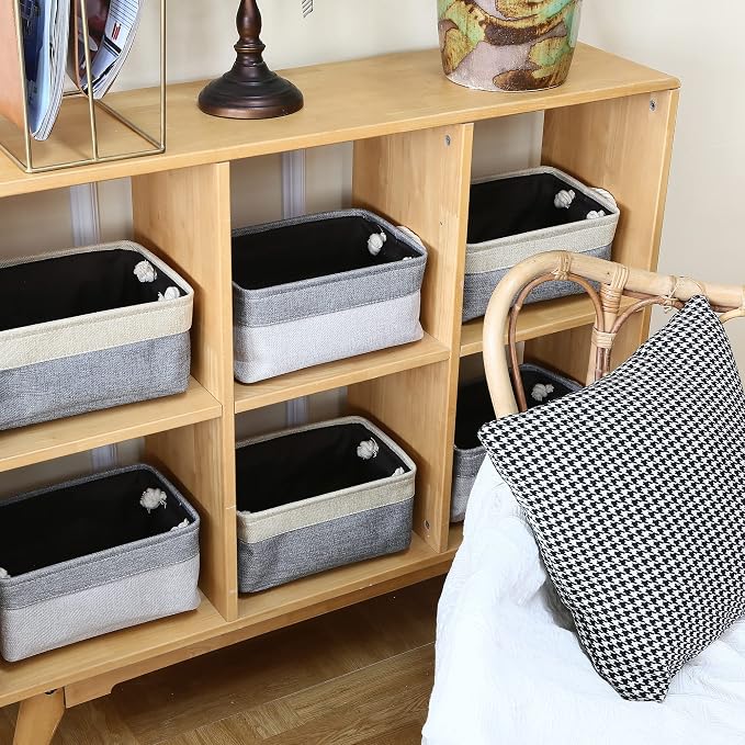 Sea Team Compact Rectangle Canvas Open-Top Storage Baskets, 3-Pack | Collapsible Fabric Storage Bins with Handles, Closet Shelf Organizers, 12 x 8 x 5 Inches, Gray & Beige