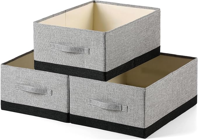 Linen Folding Storage Bins, 3 Pack Large Storage Baskets, Washable, Clothing Storage Bins with Handle, Closet Organizer for Storage Sweater,Sheets (gray black, 18½"x13½x8½)