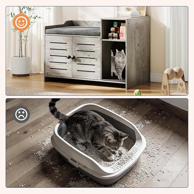 Cat Litter Box Enclosures, Large Hidden Cat Litter Box Furniture with Double Door, Wooden End Table Litter Box Cabinet with Storage Shelf, Cushion & Litter Mat, Dog Proof Design, Modern Cat House