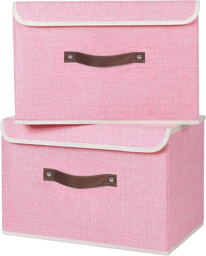ANMINY Fabric Storage Box Bins with Lids, Pink, 15"x10"x10", 4 Pack | Keepsake Memory Storage, Cotton Linen, PP Board Reinforced, Washable, PU Handles, Foldable & Stackable, Decorative, Large